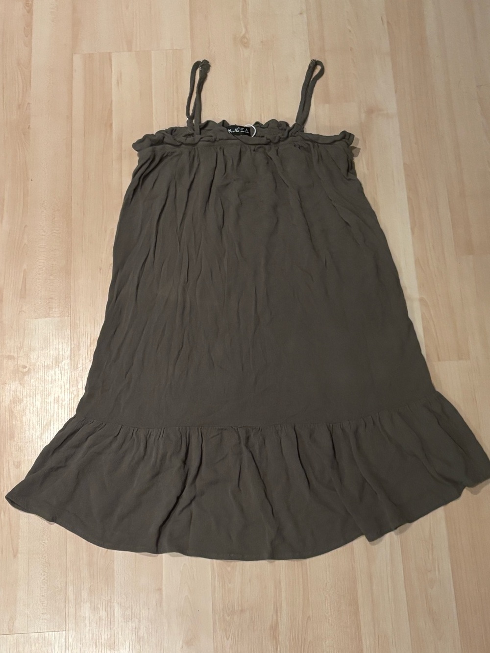 ⁠Just Quella Olive Green Spaghetti Strap Cami Mini Dress Ruffle Hem Size Small⁠